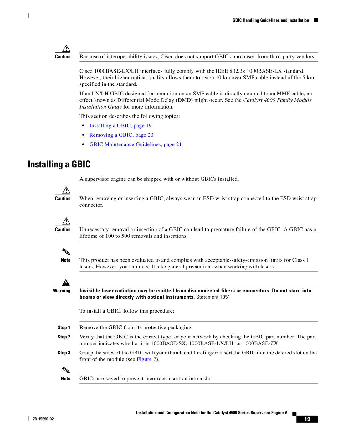 Cisco Systems WS-X4516 specifications Installing a Gbic 