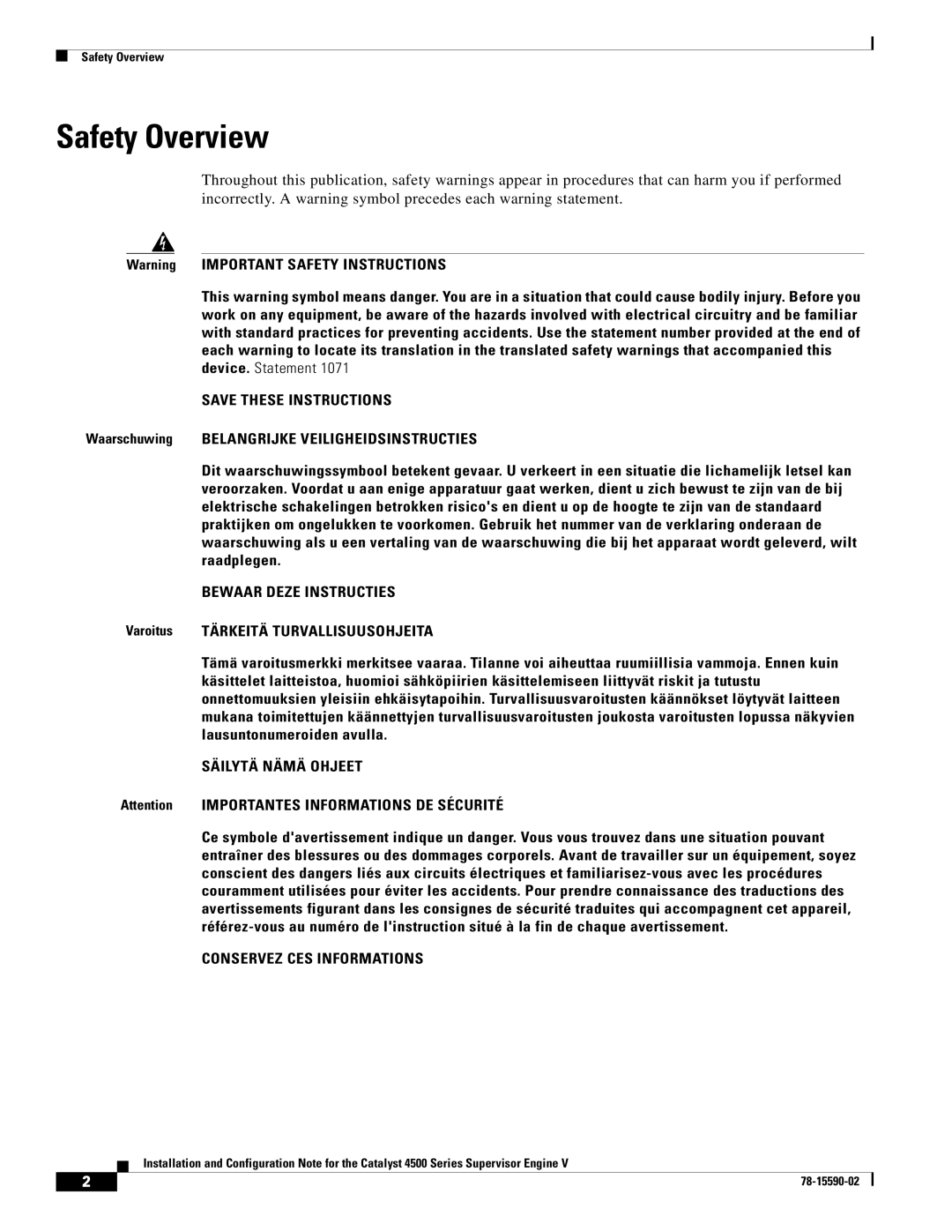 Cisco Systems WS-X4516 Safety Overview, Bewaar Deze Instructies, Säilytä Nämä Ohjeet, Conservez CES Informations 