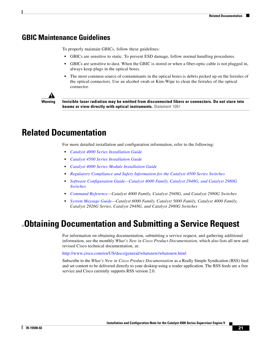 Cisco Systems WS-X4516 specifications Related Documentation, Gbic Maintenance Guidelines 