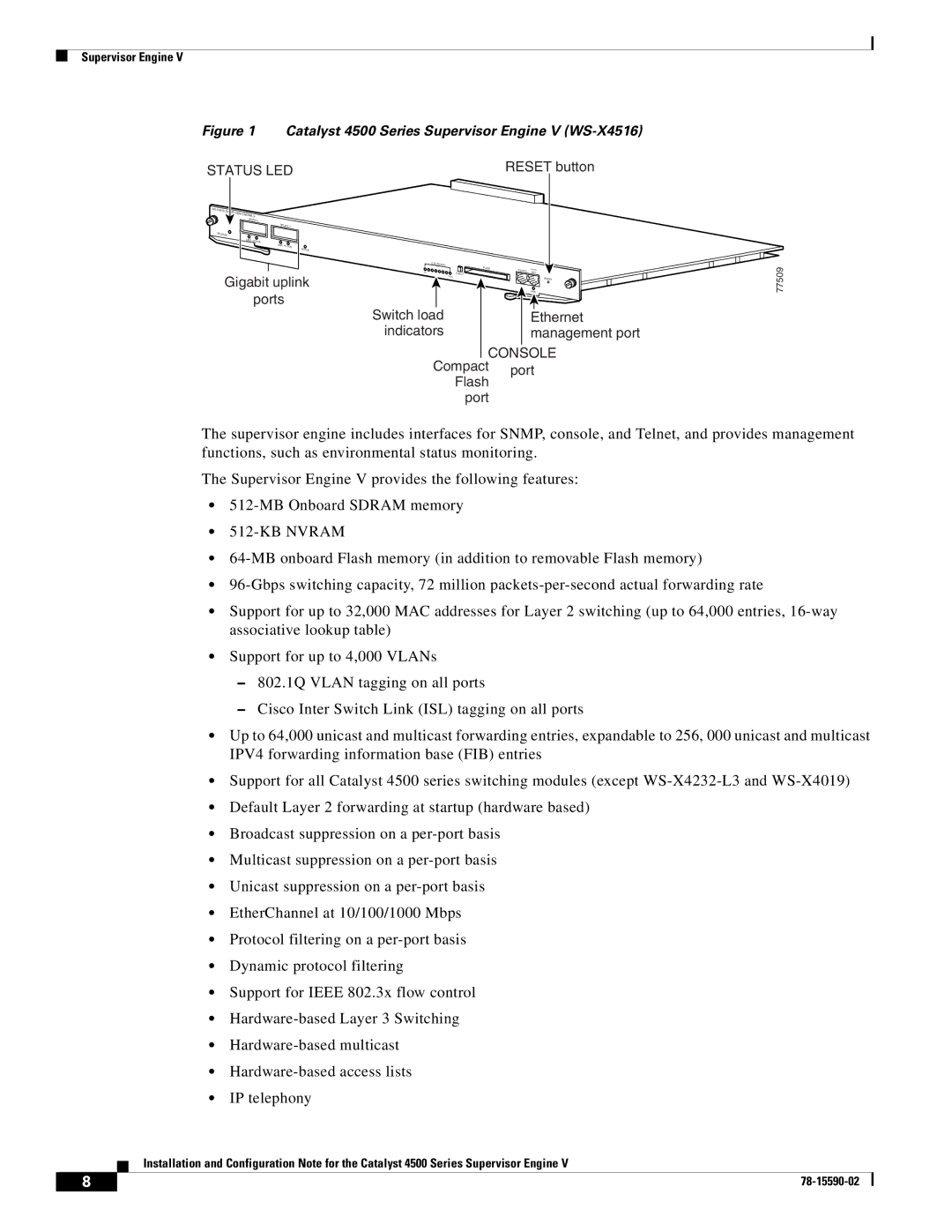 Cisco Systems specifications Catalyst 4500 Series Supervisor Engine V WS-X4516 