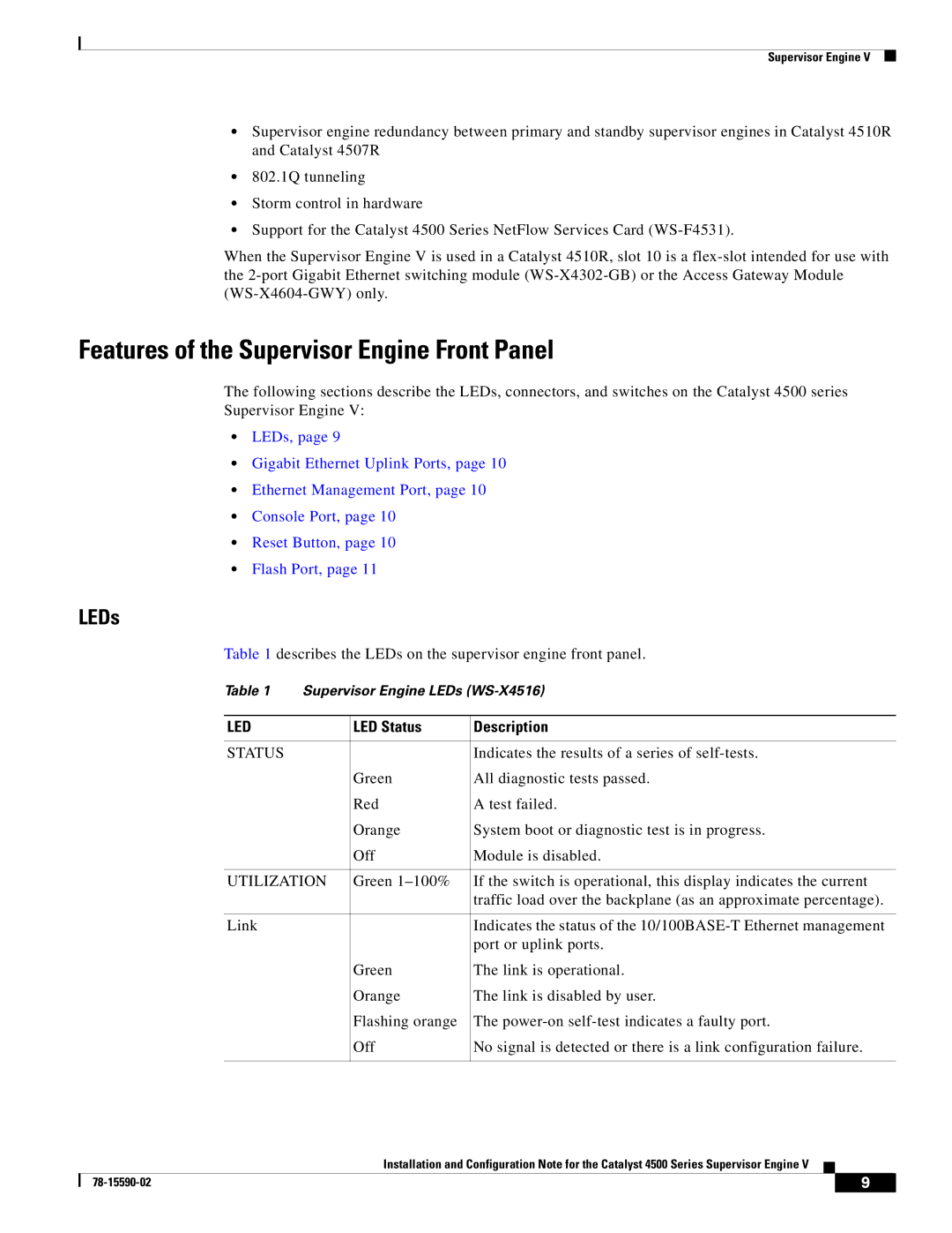 Cisco Systems WS-X4516 specifications Features of the Supervisor Engine Front Panel, Led 