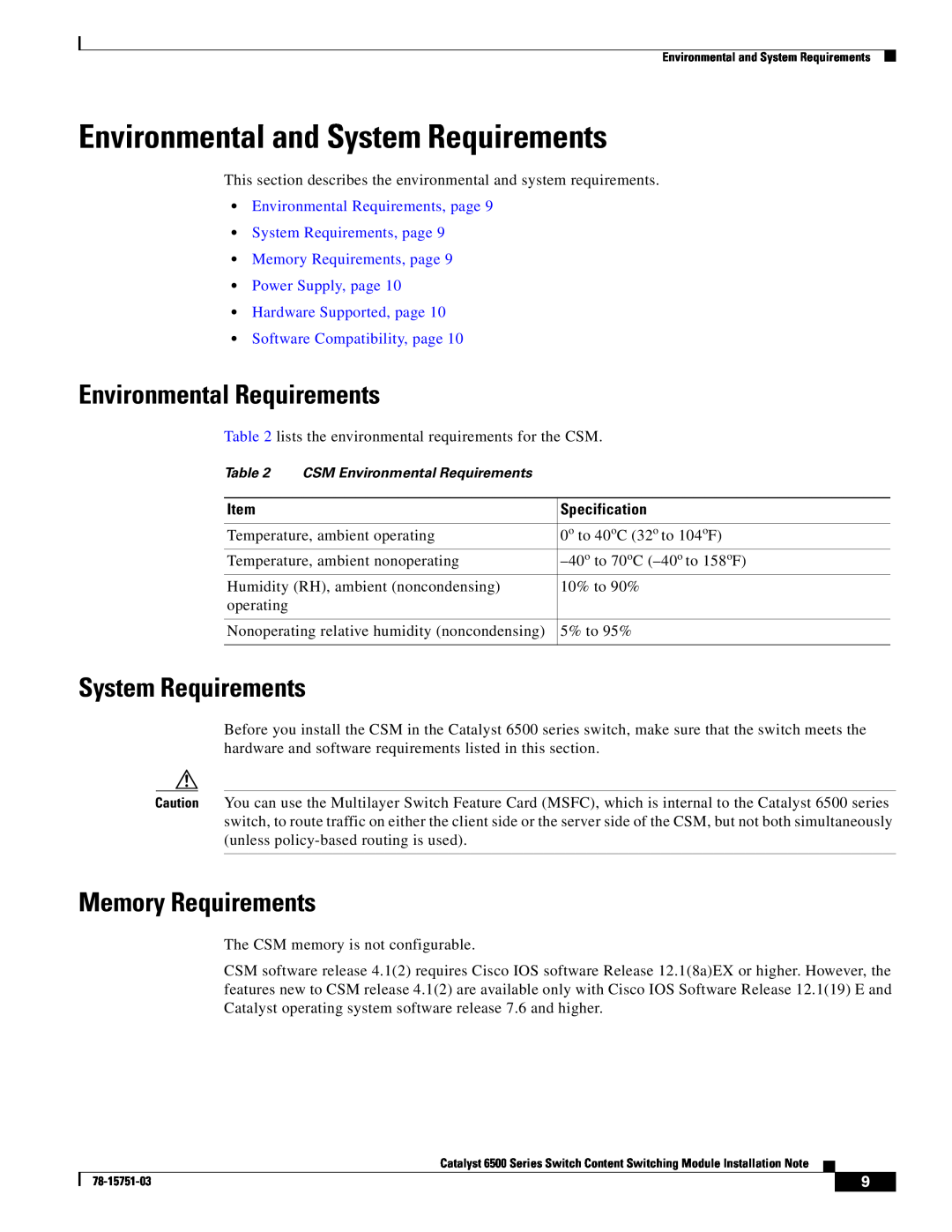Cisco Systems WS-X6066-SLB-APC Environmental and System Requirements, Environmental Requirements, Memory Requirements 