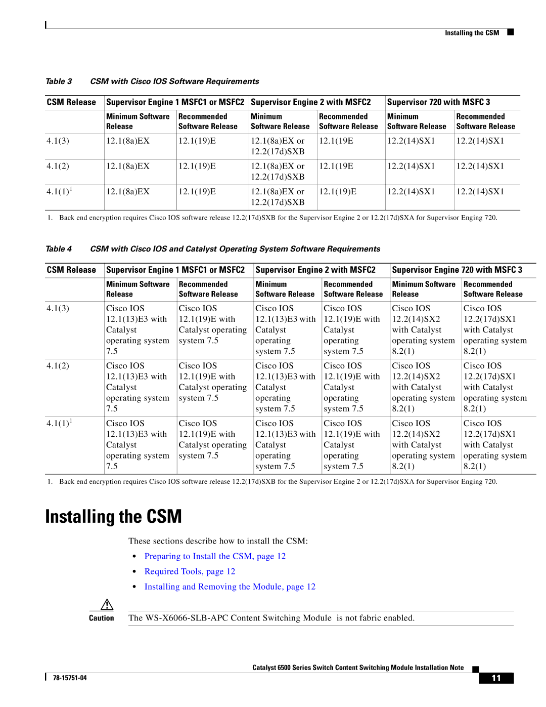 Cisco Systems WS-X6066-SLB-APC manual Installing the CSM, CSM Release, Supervisor 720 with Msfc 