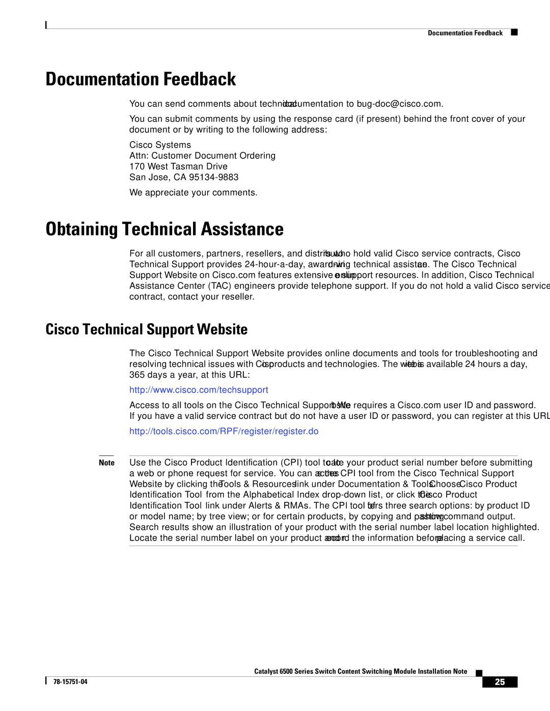 Cisco Systems WS-X6066-SLB-APC Documentation Feedback, Obtaining Technical Assistance, Cisco Technical Support Website 