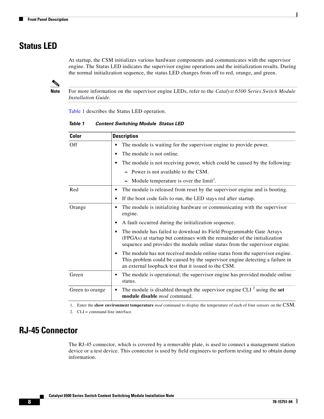 Cisco Systems WS-X6066-SLB-APC manual Status LED, RJ-45 Connector, Color, Description 