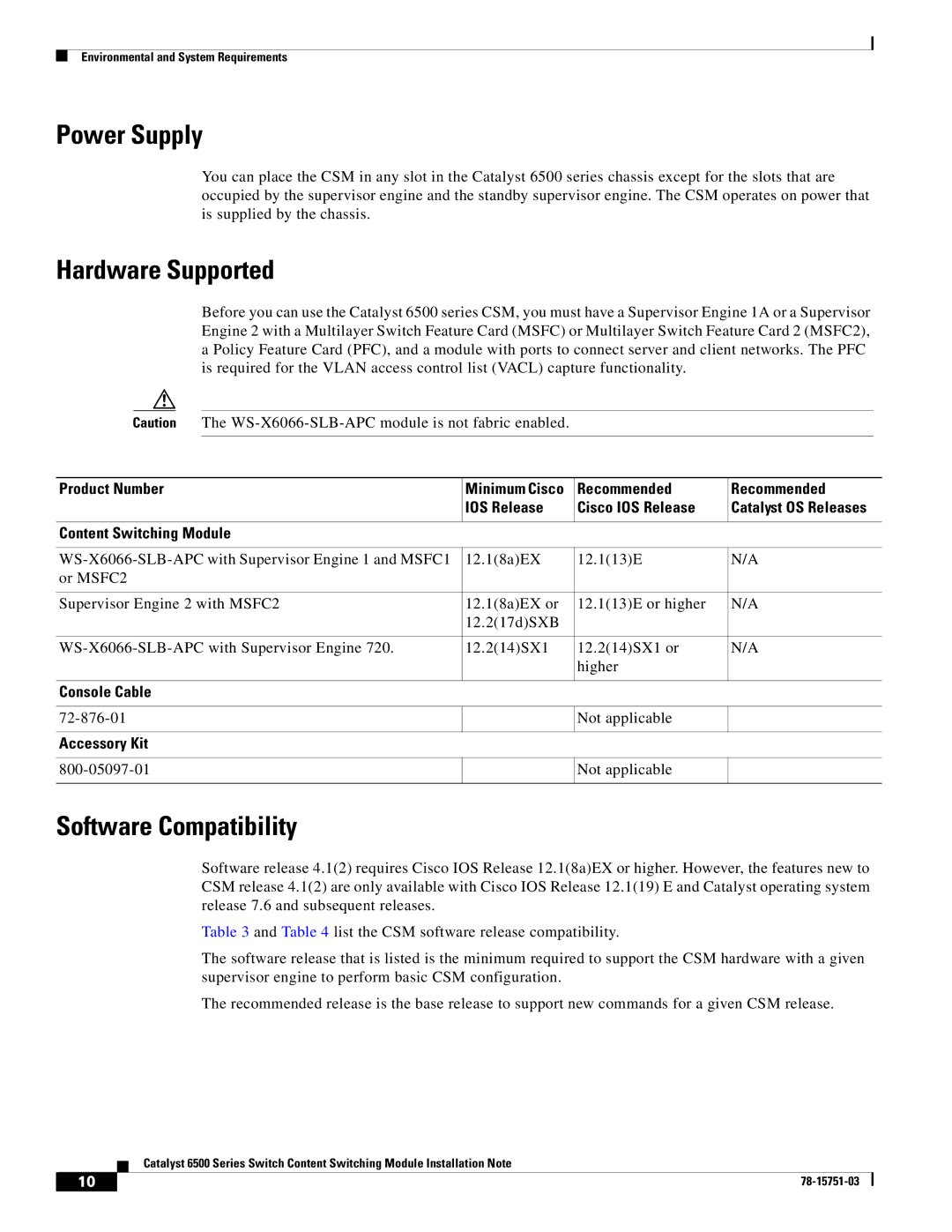 Cisco Systems WS-X6066-SLB-APC manual Power Supply, Hardware Supported, Software Compatibility 