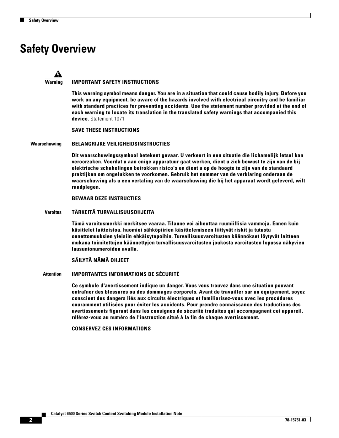 Cisco Systems WS-X6066-SLB-APC manual Safety Overview, Bewaar Deze Instructies 