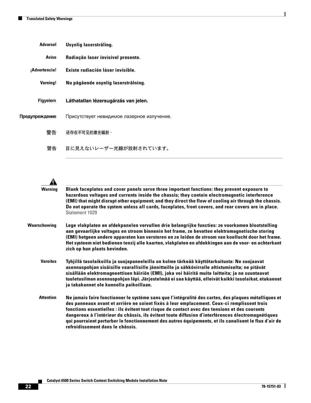 Cisco Systems WS-X6066-SLB-APC manual Translated Safety Warnings 