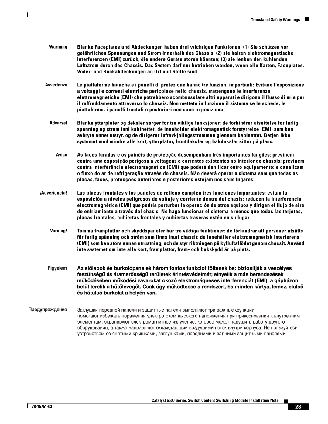 Cisco Systems WS-X6066-SLB-APC manual Translated Safety Warnings 