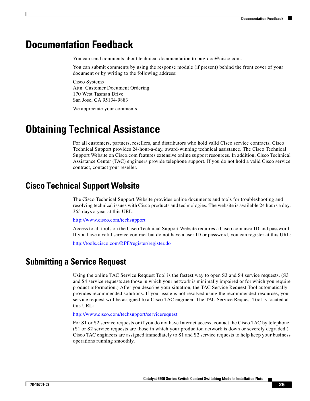 Cisco Systems WS-X6066-SLB-APC Documentation Feedback, Obtaining Technical Assistance, Cisco Technical Support Website 