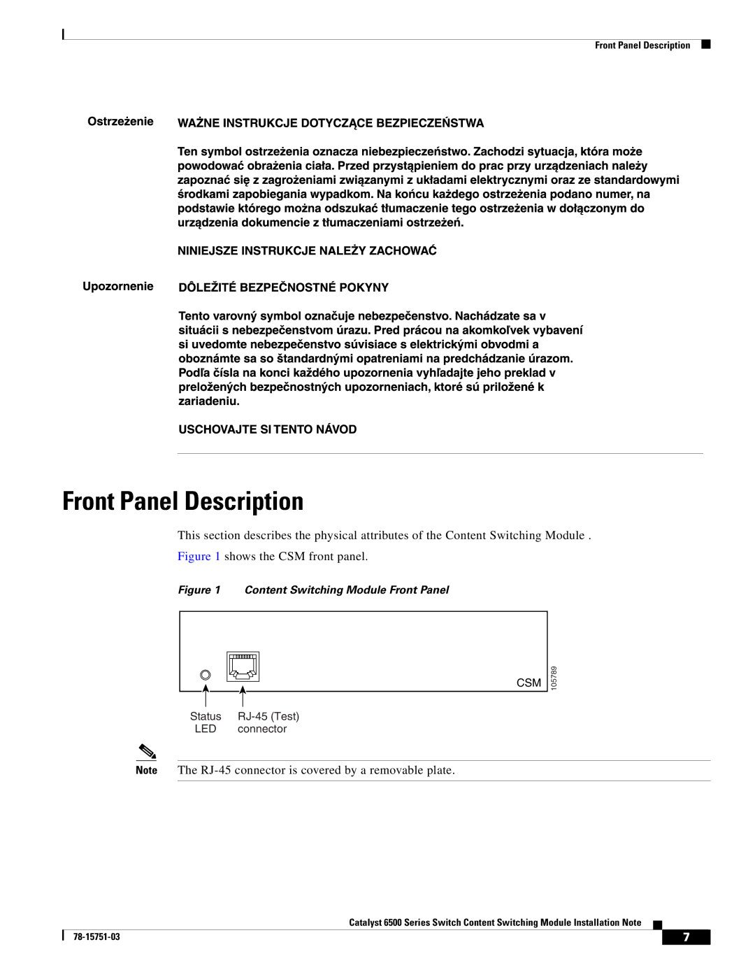 Cisco Systems WS-X6066-SLB-APC manual Front Panel Description, Csm 