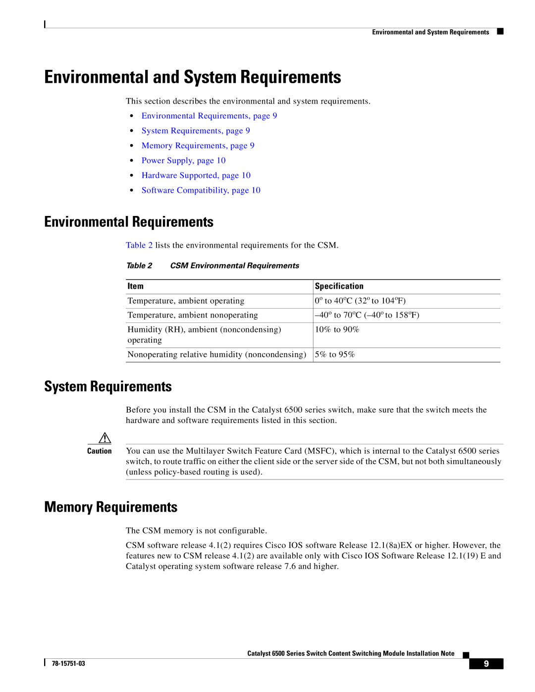 Cisco Systems WS-X6066-SLB-APC Environmental and System Requirements, Environmental Requirements, Memory Requirements 