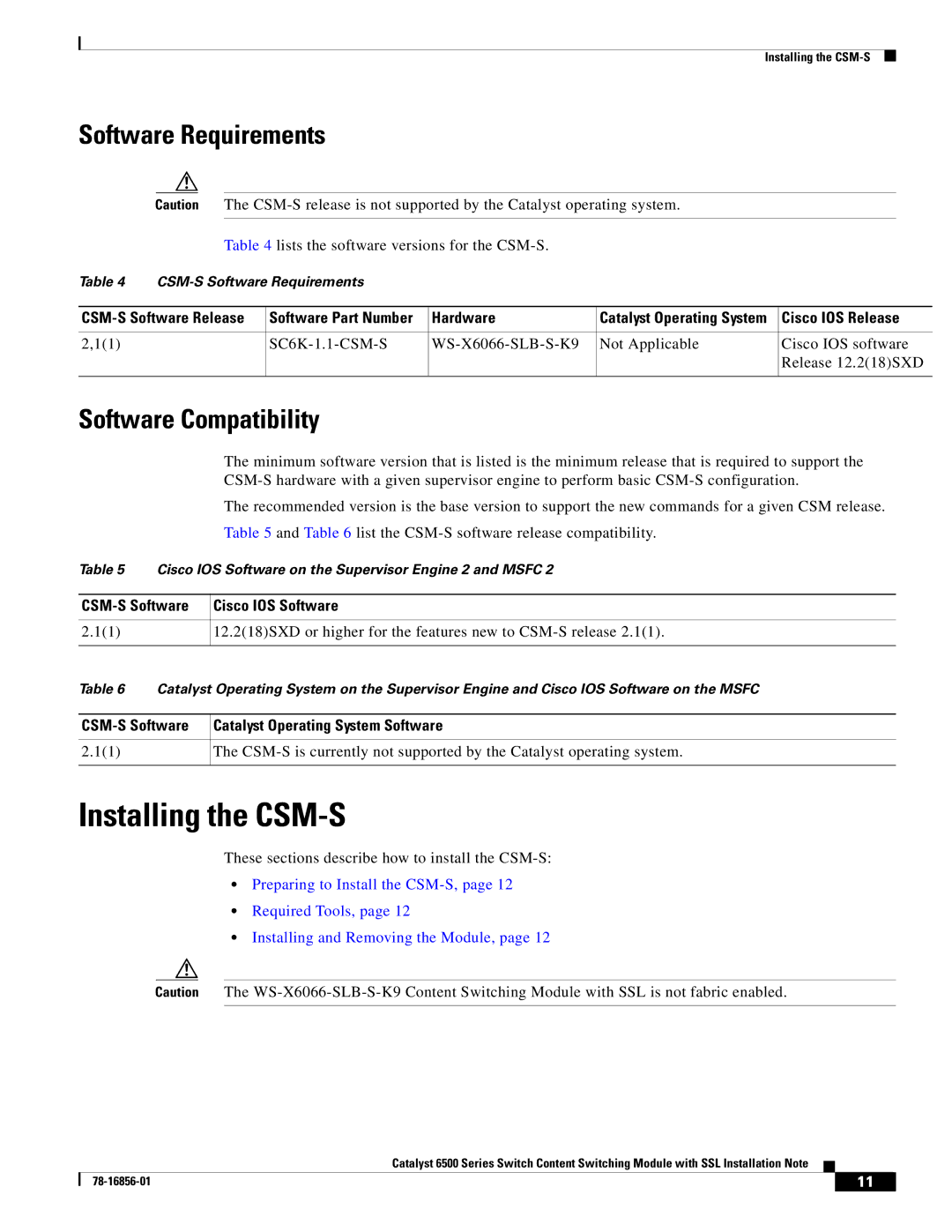 Cisco Systems WS-X6066-SLB-S-K9 manual Installing the CSM-S, Software Requirements, Software Compatibility 