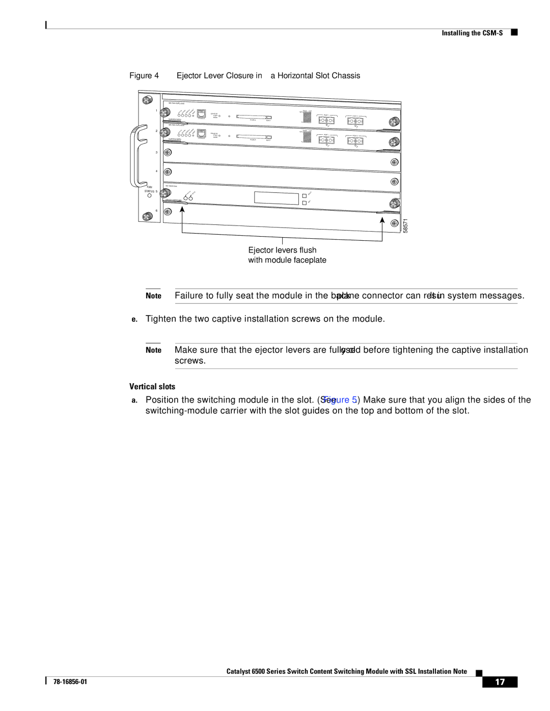 Cisco Systems WS-X6066-SLB-S-K9 manual Tighten the two captive installation screws on the module 