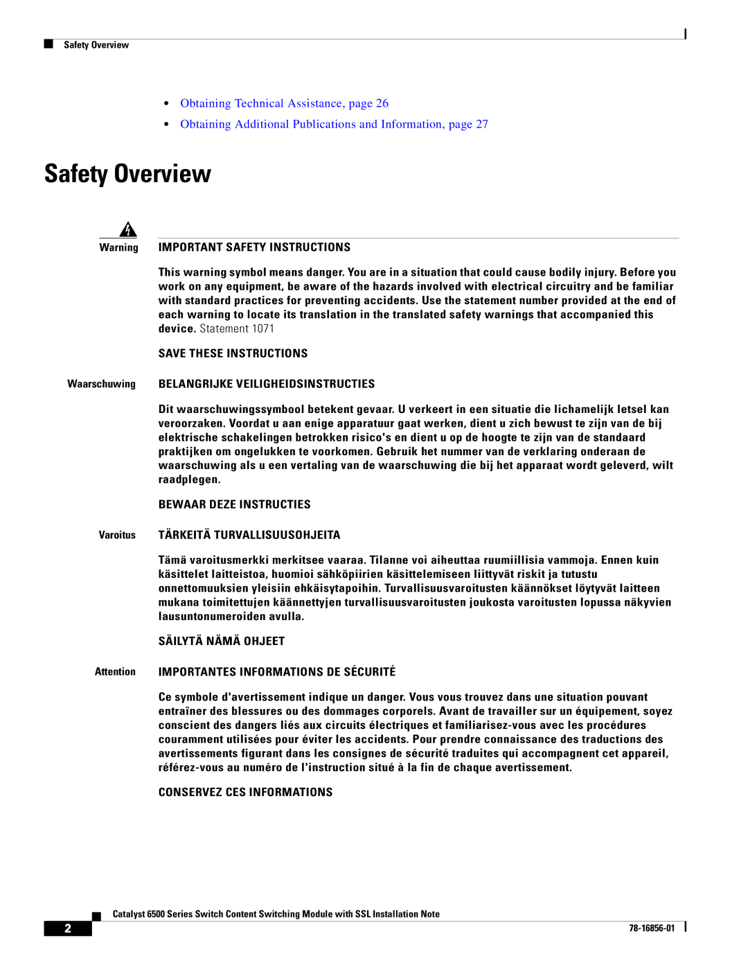 Cisco Systems WS-X6066-SLB-S-K9 Safety Overview, Bewaar Deze Instructies, Säilytä Nämä Ohjeet, Conservez CES Informations 