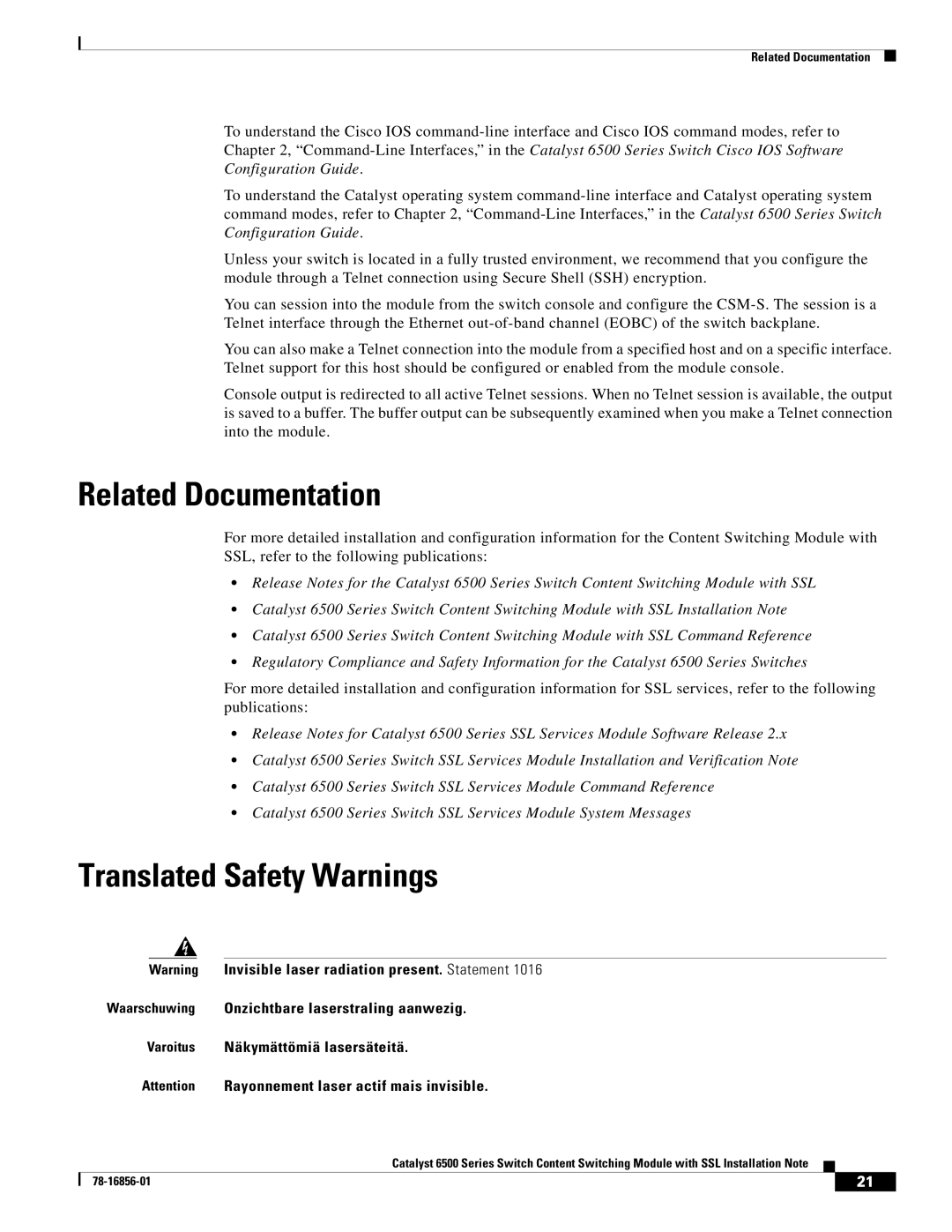 Cisco Systems WS-X6066-SLB-S-K9 manual Related Documentation, Translated Safety Warnings 