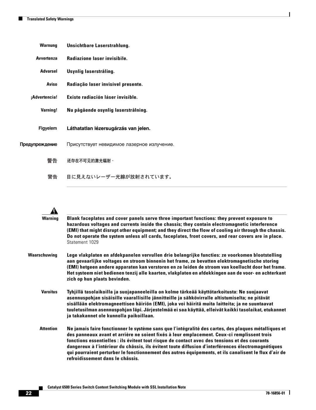 Cisco Systems WS-X6066-SLB-S-K9 manual Translated Safety Warnings 