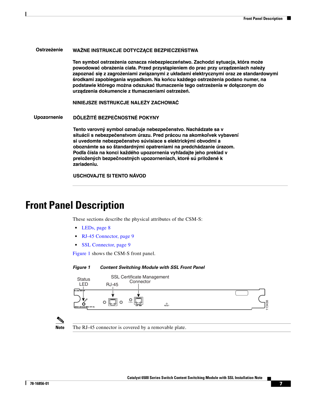 Cisco Systems WS-X6066-SLB-S-K9 manual Front Panel Description, LEDs, RJ-45 Connector, SSL Connector 