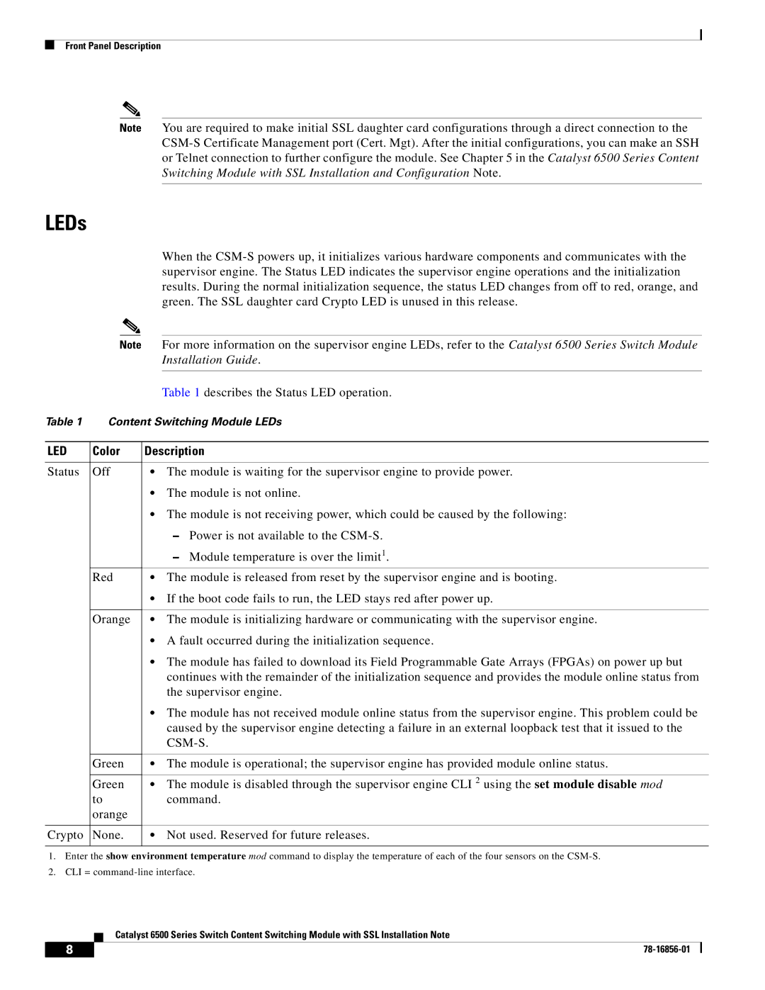 Cisco Systems WS-X6066-SLB-S-K9 manual LEDs, Led, Color Description 