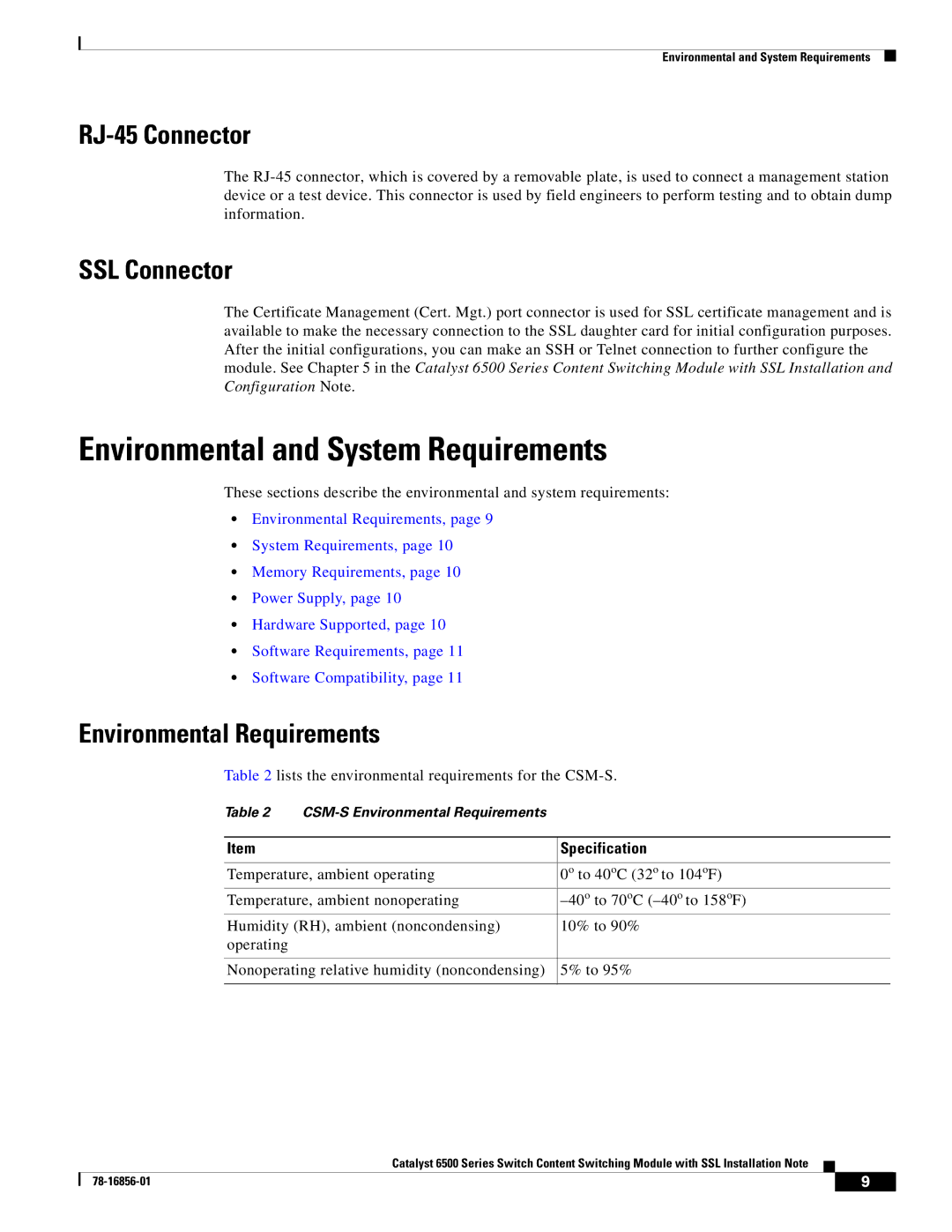 Cisco Systems WS-X6066-SLB-S-K9 manual Environmental and System Requirements, RJ-45 Connector, SSL Connector, Specification 