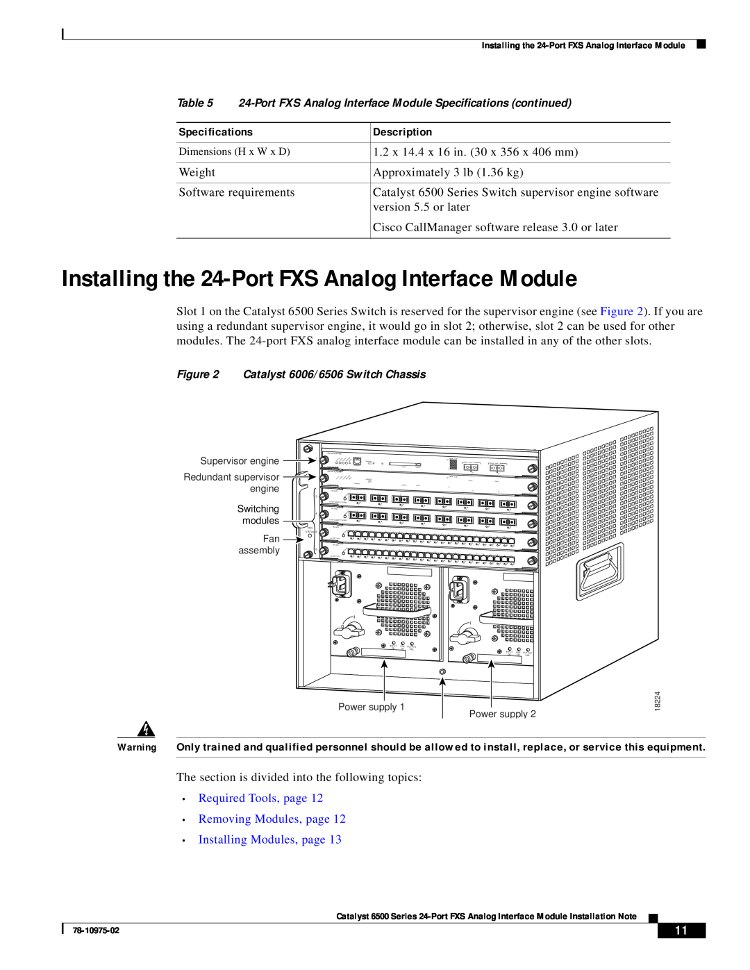 Cisco Systems WS-X6624-FXS specifications Installing the 24-Port FXS Analog Interface Module 