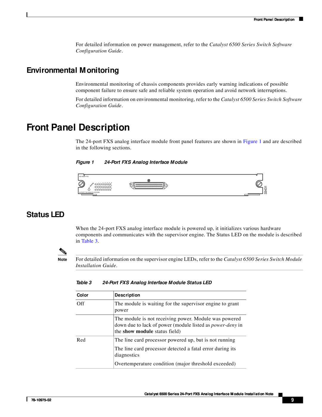 Cisco Systems WS-X6624-FXS specifications Front Panel Description, Environmental Monitoring, Status LED 