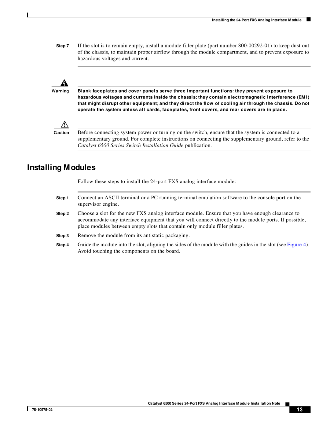 Cisco Systems WS-X6624-FXS specifications Installing Modules 