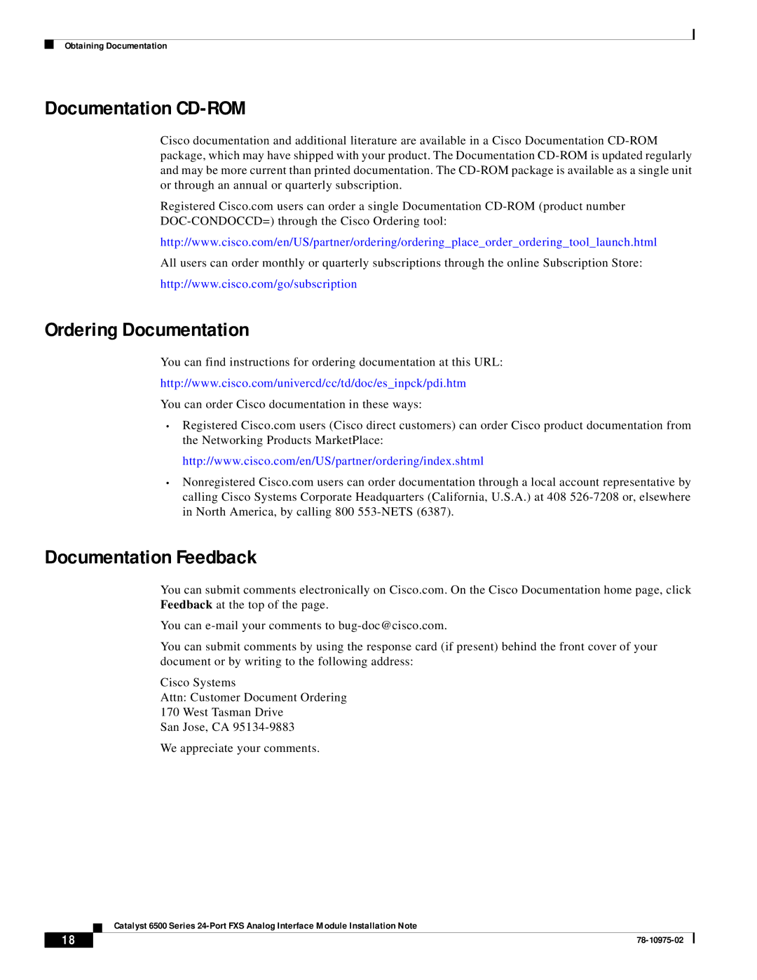 Cisco Systems WS-X6624-FXS specifications Documentation CD-ROM, Ordering Documentation, Documentation Feedback 