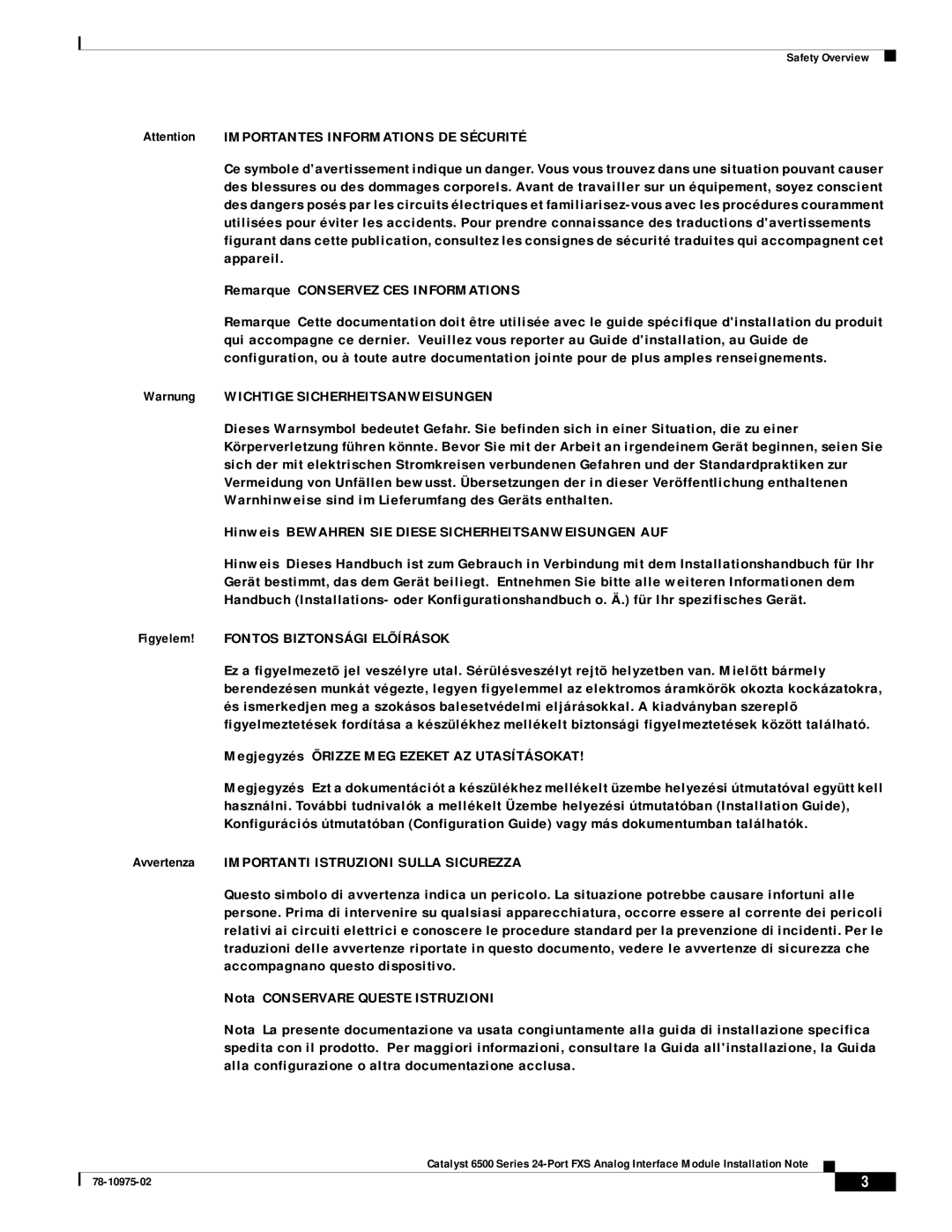 Cisco Systems WS-X6624-FXS Warnung Wichtige Sicherheitsanweisungen, Hinweis Bewahren SIE Diese Sicherheitsanweisungen AUF 