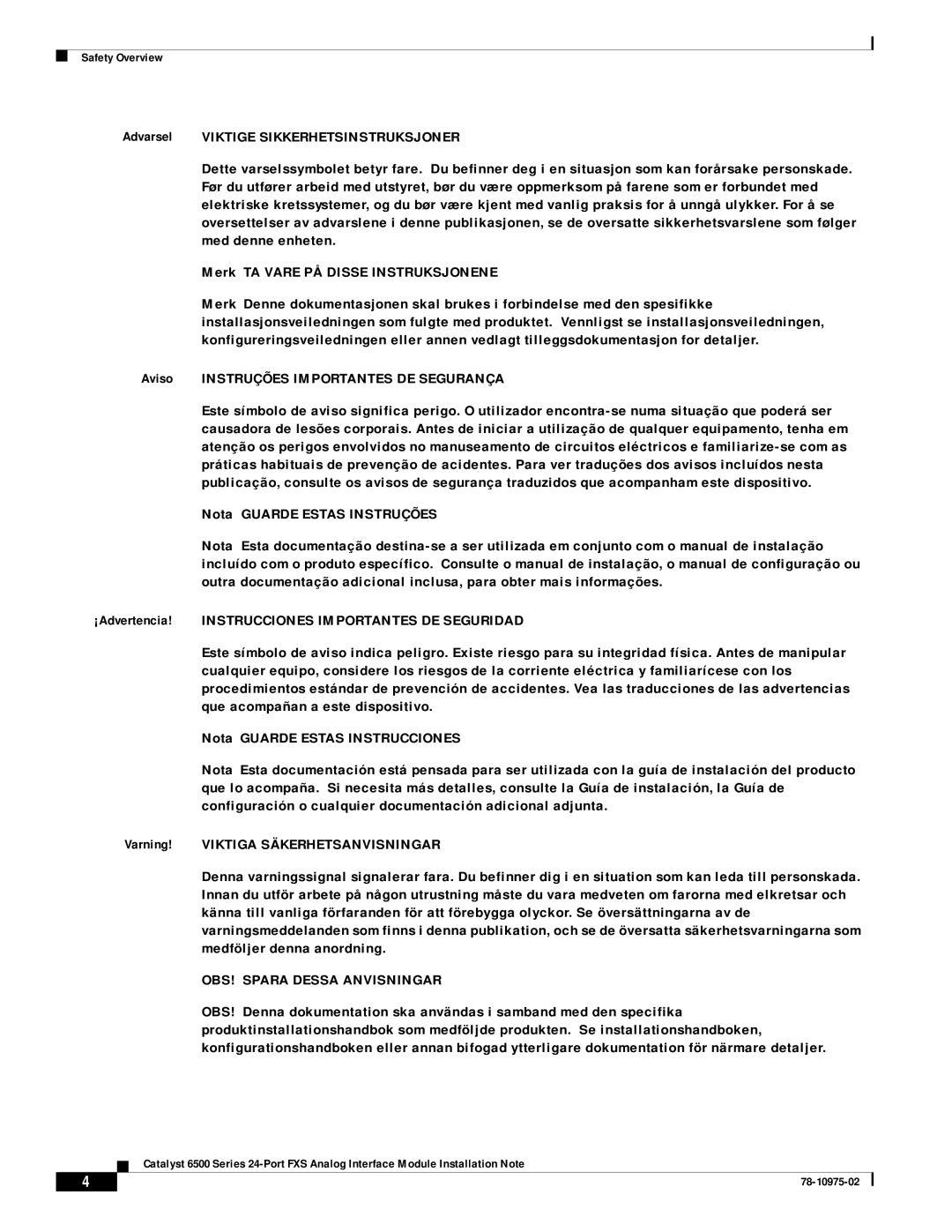 Cisco Systems WS-X6624-FXS specifications Aviso Instruções Importantes DE Segurança, OBS! Spara Dessa Anvisningar 