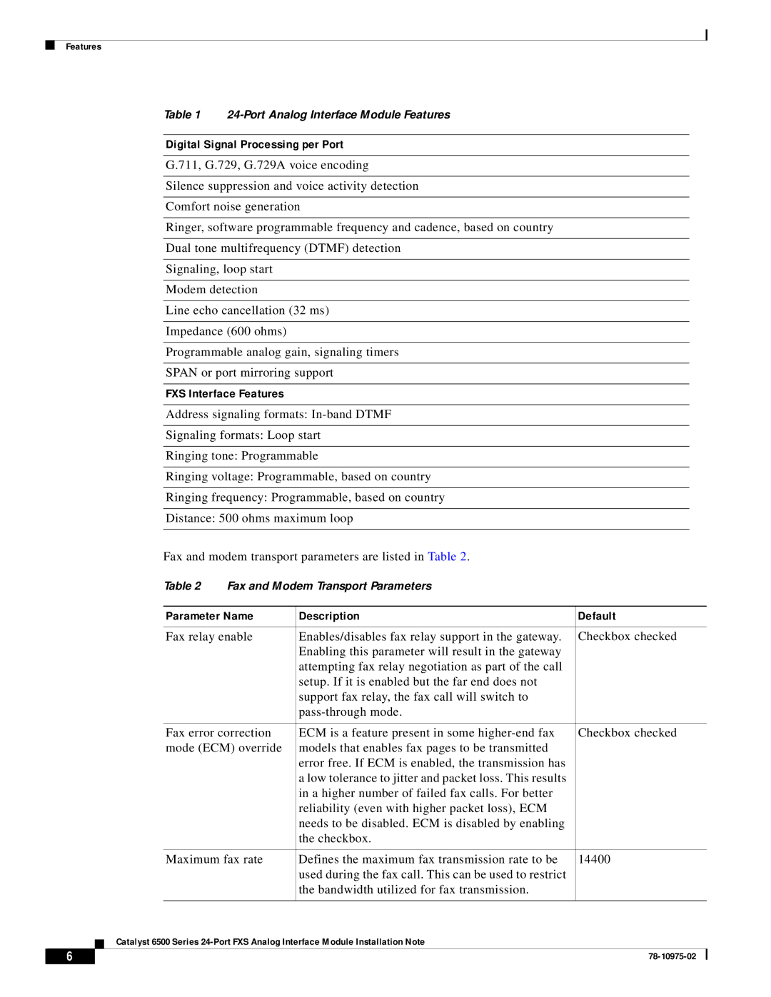 Cisco Systems WS-X6624-FXS Digital Signal Processing per Port, FXS Interface Features, Parameter Name Description Default 