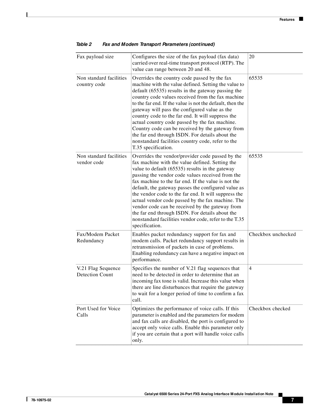 Cisco Systems WS-X6624-FXS specifications Fax and Modem Transport Parameters 