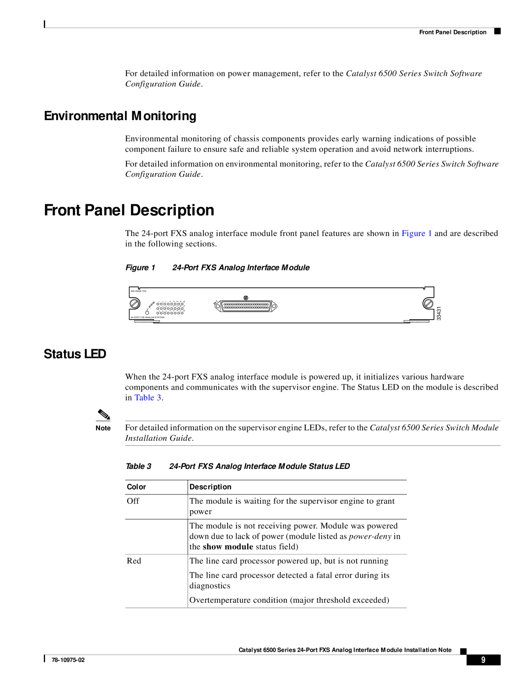 Cisco Systems WS-X6624-FXS specifications Front Panel Description, Environmental Monitoring, Status LED, Color 