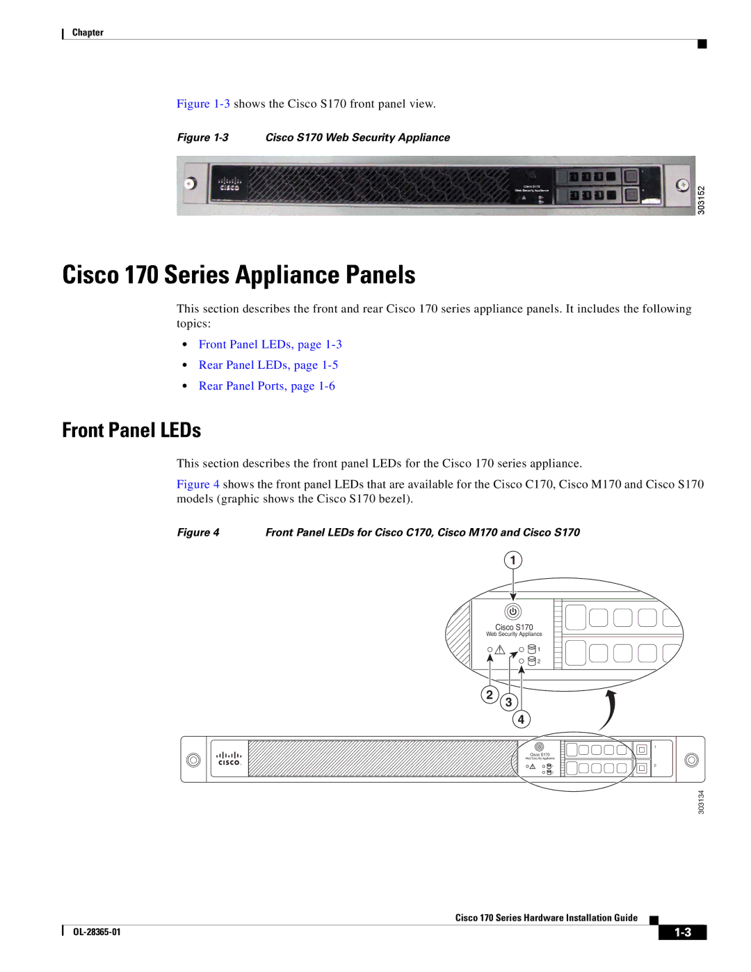 Cisco Systems WSA S170, WSAS170K9 manual Cisco 170 Series Appliance Panels, Front Panel LEDs 