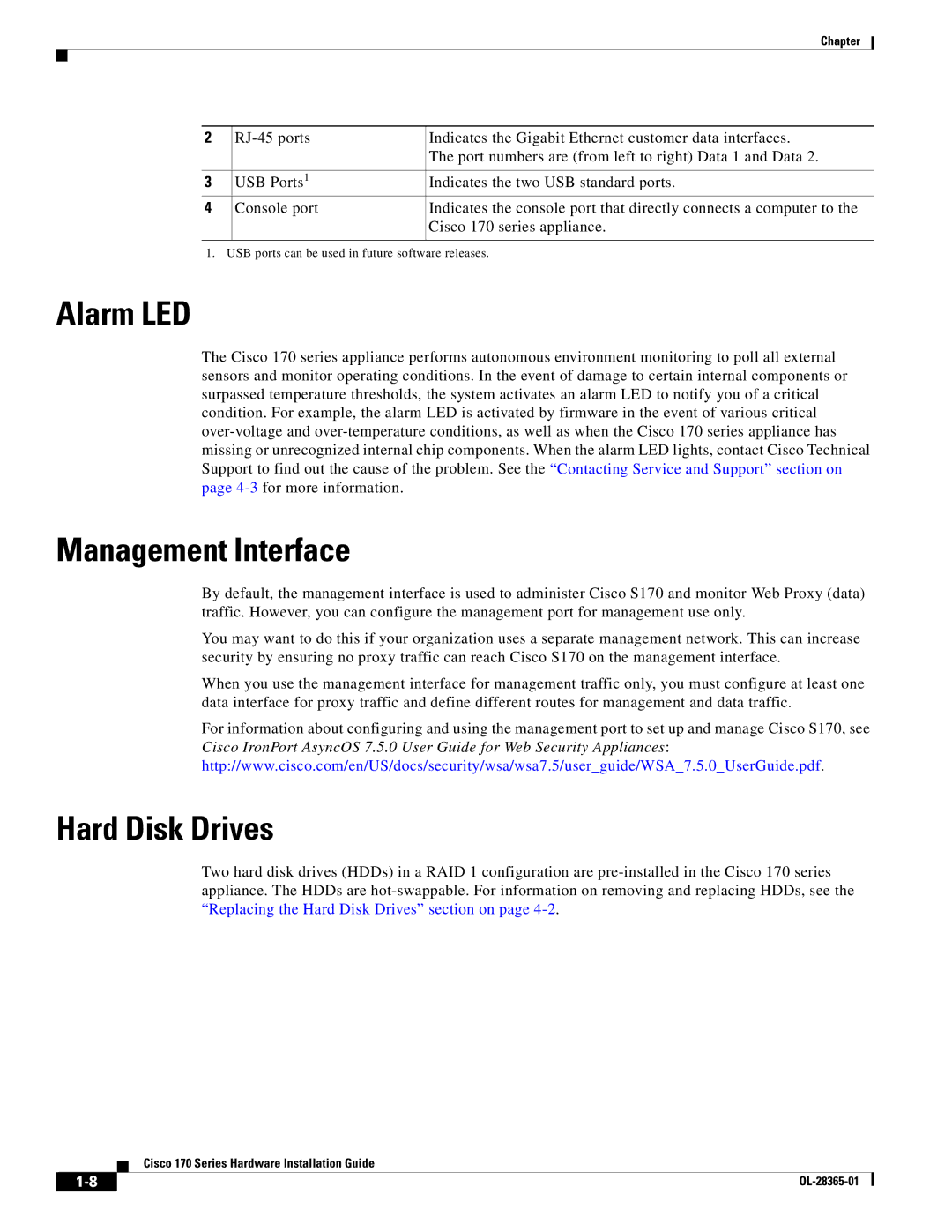 Cisco Systems WSAS170K9, WSA S170 manual Alarm LED, Management Interface, Hard Disk Drives 