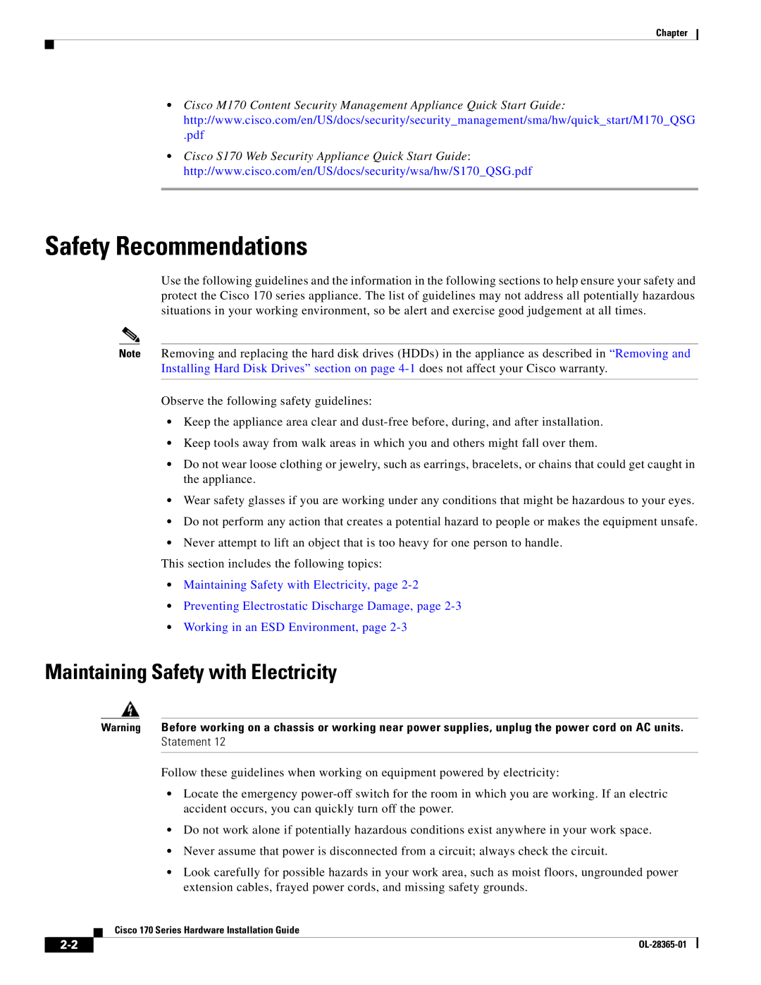 Cisco Systems WSAS170K9, WSA S170 manual Safety Recommendations, Maintaining Safety with Electricity 