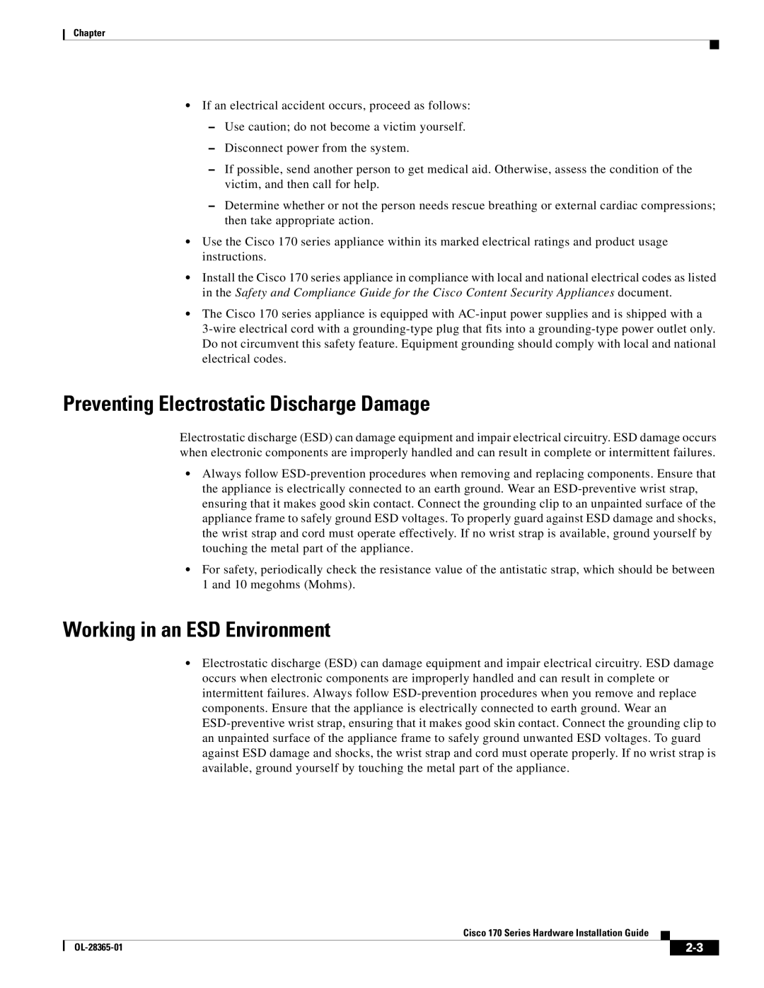 Cisco Systems WSA S170, WSAS170K9 manual Preventing Electrostatic Discharge Damage, Working in an ESD Environment 