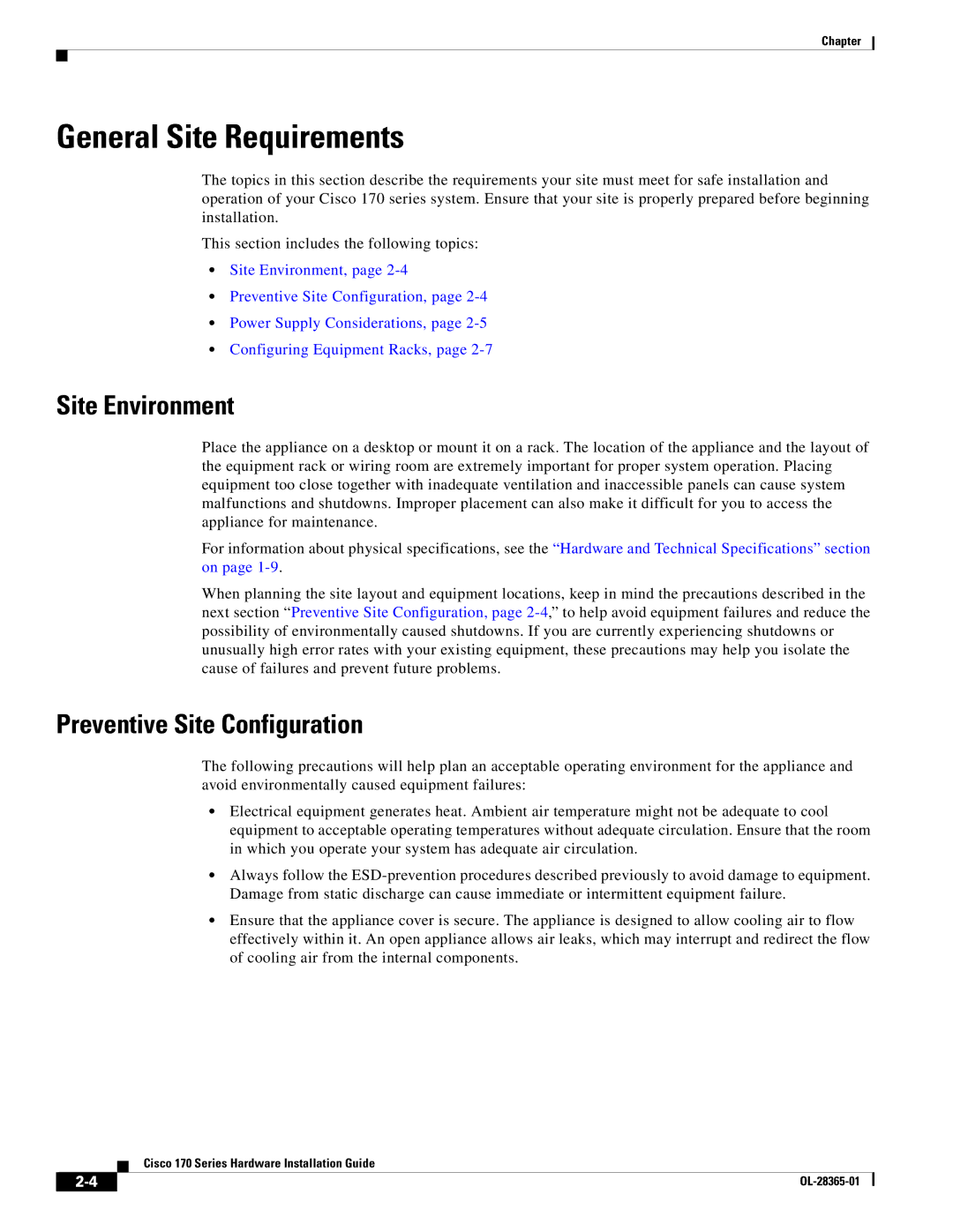 Cisco Systems WSAS170K9, WSA S170 manual General Site Requirements, Site Environment, Preventive Site Configuration 