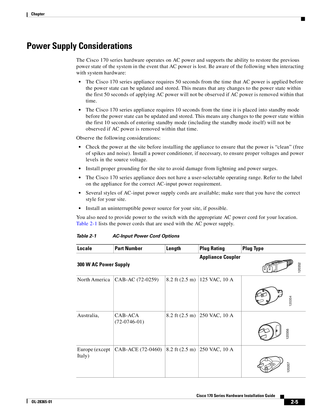 Cisco Systems WSA S170, WSAS170K9 manual Power Supply Considerations, Locale Part Number Length Plug Rating, AC Power Supply 