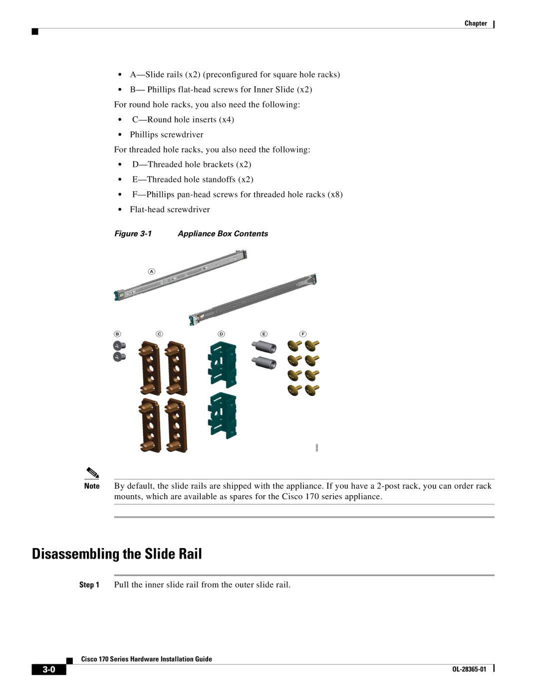 Cisco Systems WSAS170K9, WSA S170 manual Disassembling the Slide Rail, Appliance Box Contents 