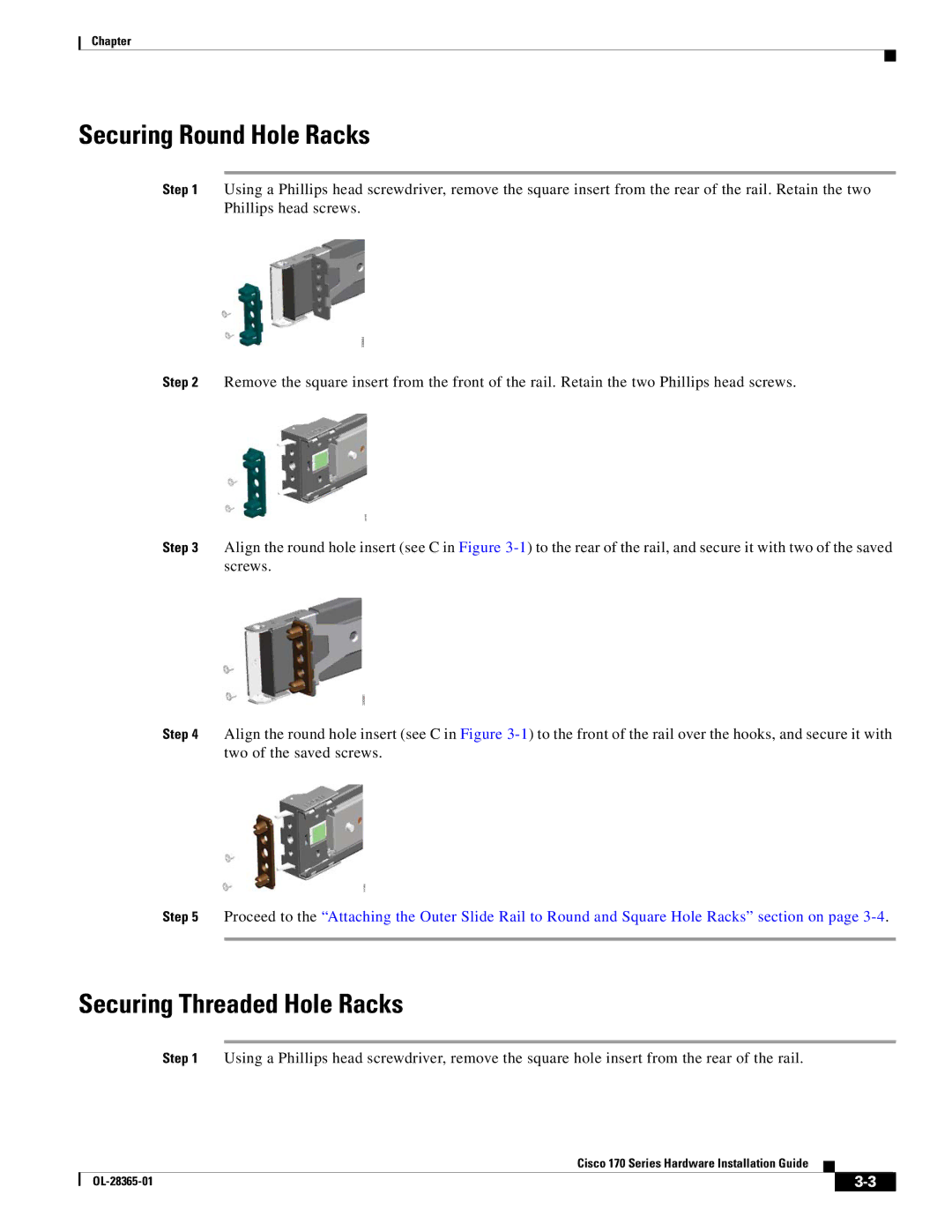 Cisco Systems WSA S170, WSAS170K9 manual Securing Round Hole Racks, Securing Threaded Hole Racks 