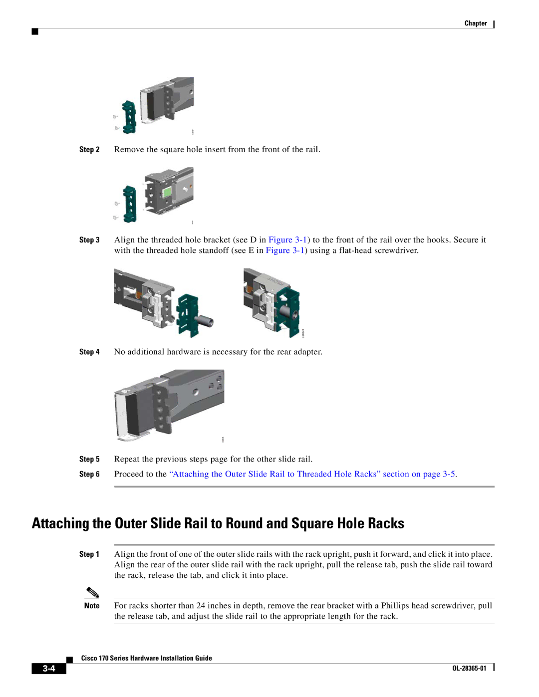 Cisco Systems WSAS170K9, WSA S170 manual Remove the square hole insert from the front of the rail 