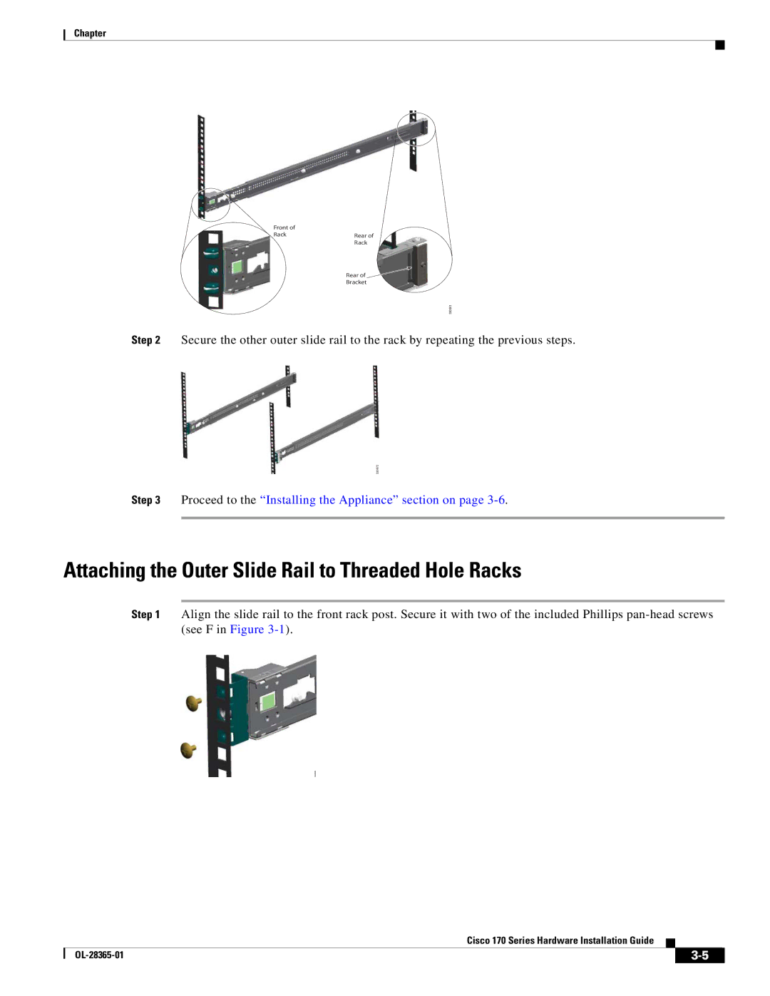 Cisco Systems WSA S170, WSAS170K9 manual Attaching the Outer Slide Rail to Threaded Hole Racks 