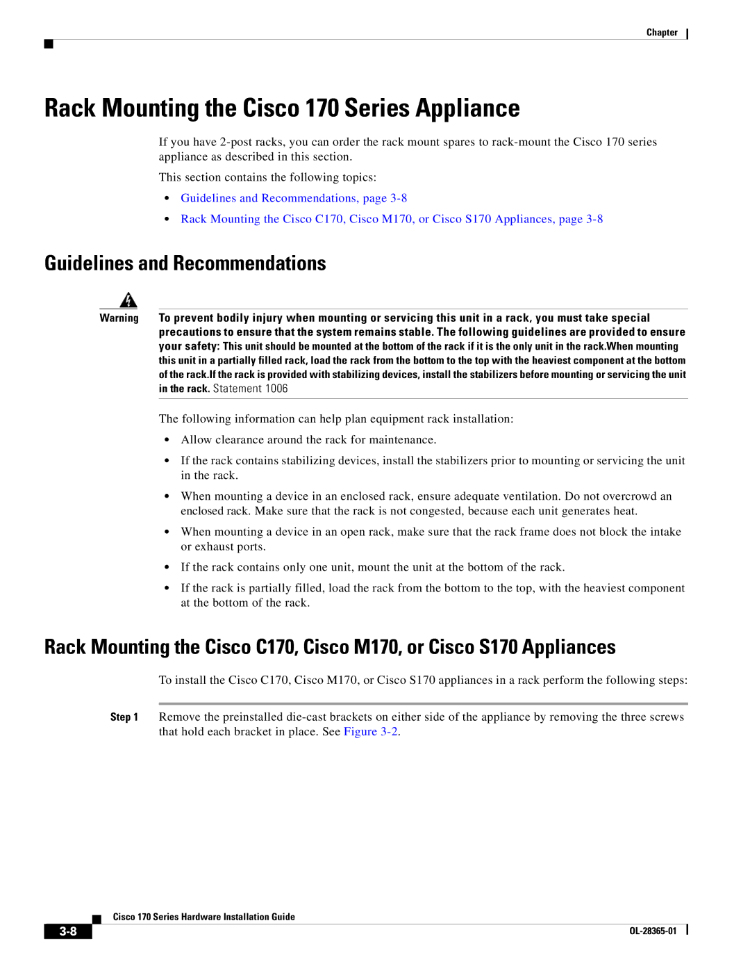 Cisco Systems WSAS170K9, WSA S170 manual Rack Mounting the Cisco 170 Series Appliance, Guidelines and Recommendations 