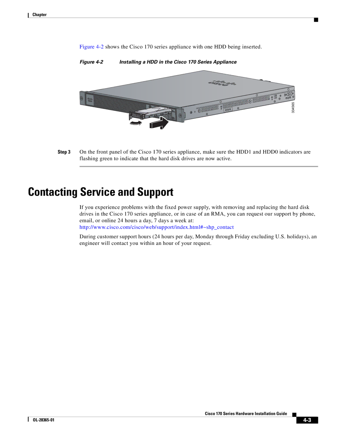 Cisco Systems WSA S170, WSAS170K9 manual Contacting Service and Support, Installing a HDD in the Cisco 170 Series Appliance 