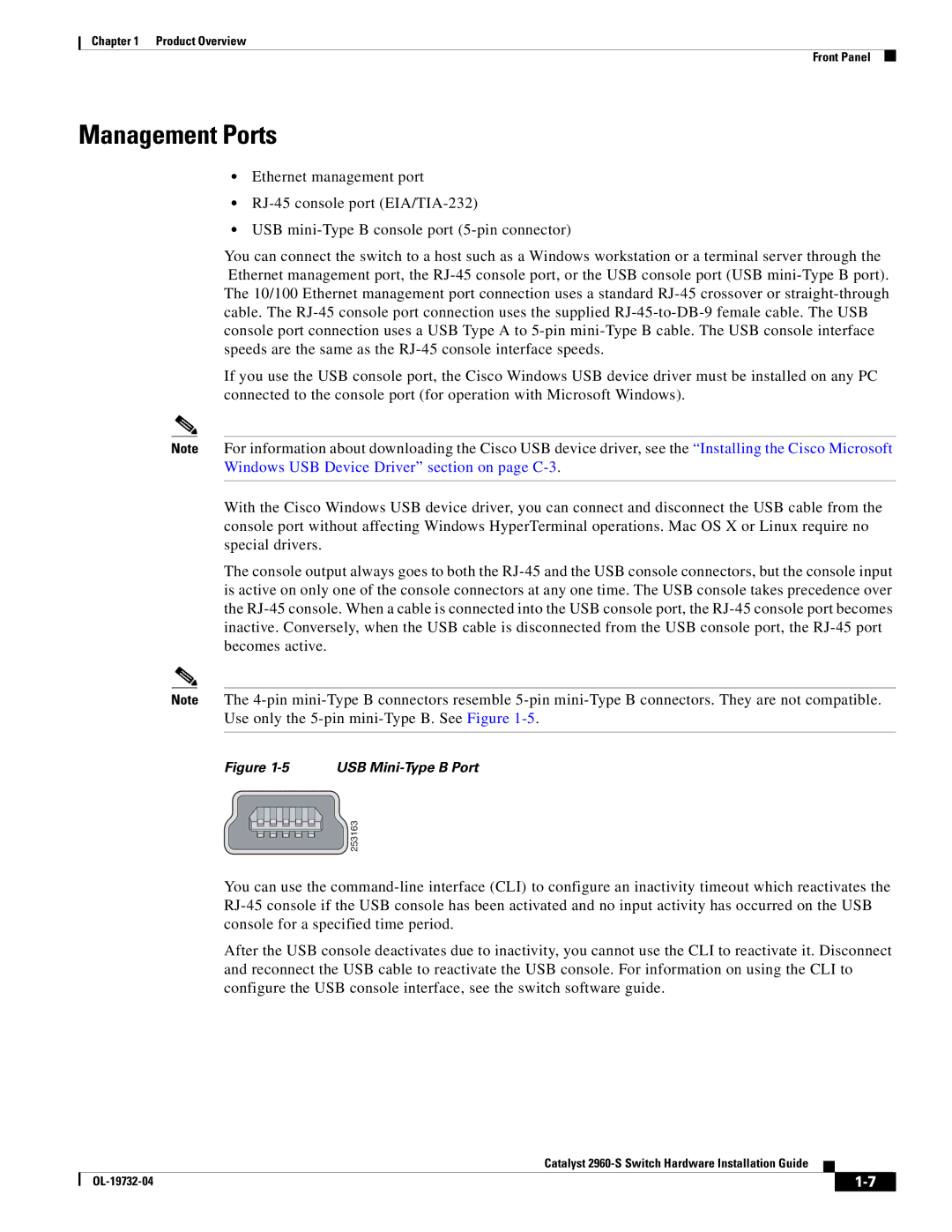 Cisco Systems 2960S-24TS-S, WSC2960S24TSSRF manual Management Ports, USB Mini-Type B Port 