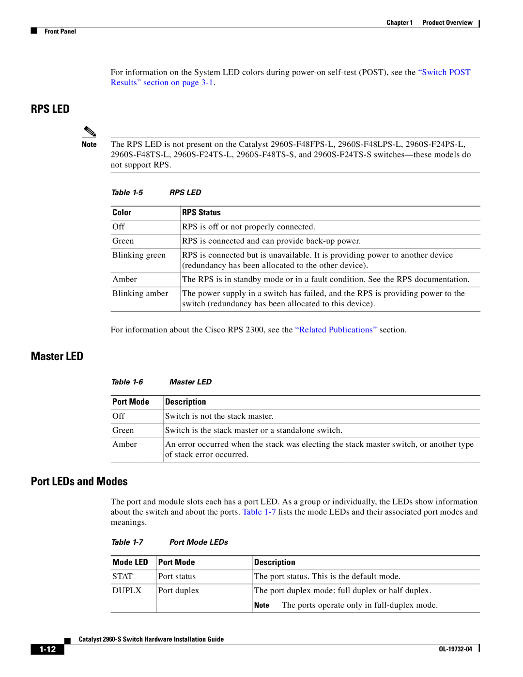 Cisco Systems WSC2960S24TSSRF, 2960S-24TS-S manual Master LED, Port LEDs and Modes, Color RPS Status, Port Mode Description 