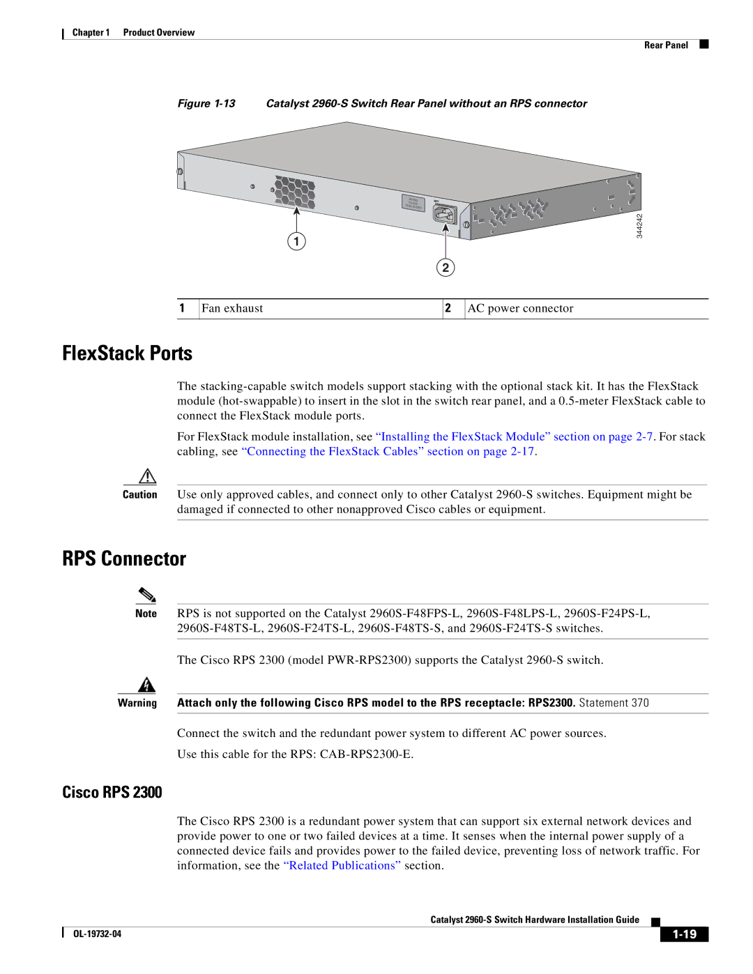 Cisco Systems 2960S-24TS-S, WSC2960S24TSSRF manual FlexStack Ports, RPS Connector, Cisco RPS, Fan exhaust AC power connector 