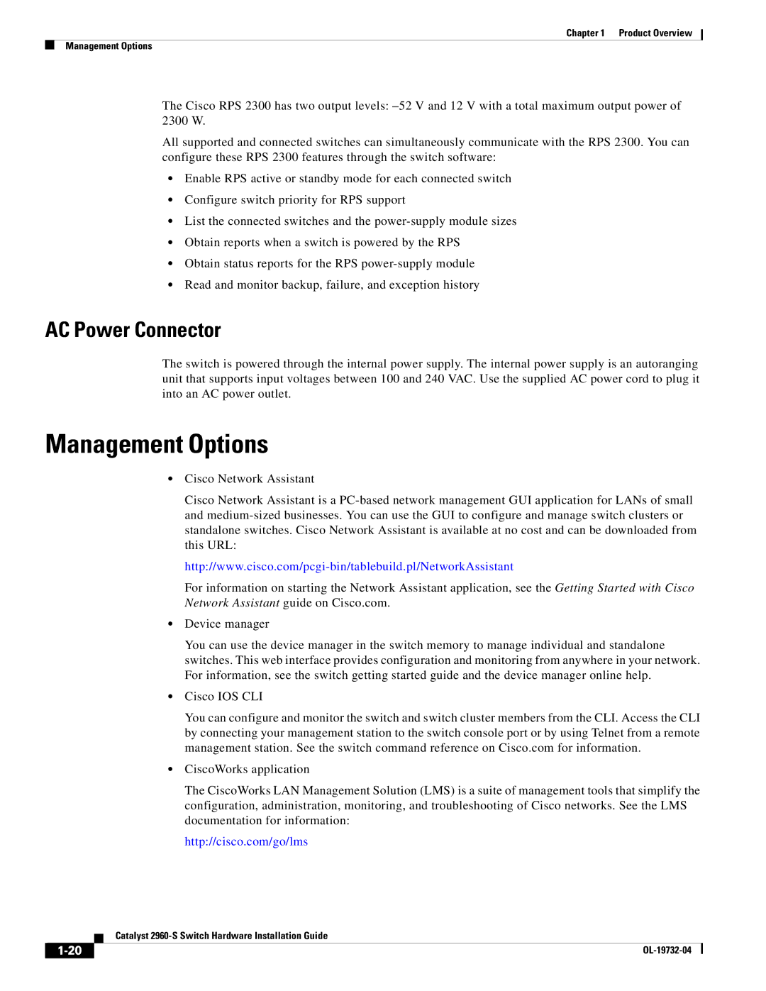 Cisco Systems WSC2960S24TSSRF, 2960S-24TS-S manual Management Options, AC Power Connector 