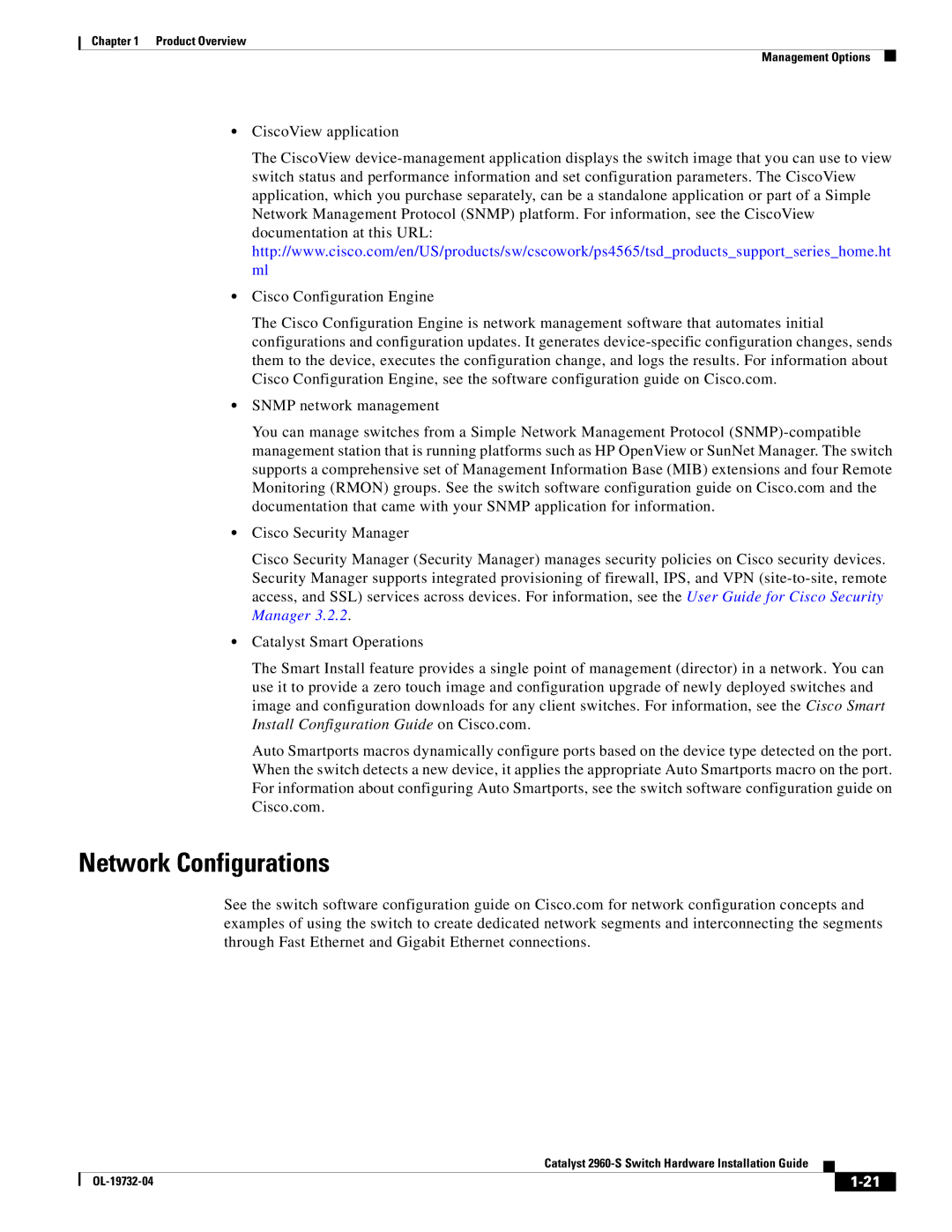 Cisco Systems WSC2960S24TSSRF, 2960S-24TS-S manual Network Configurations 